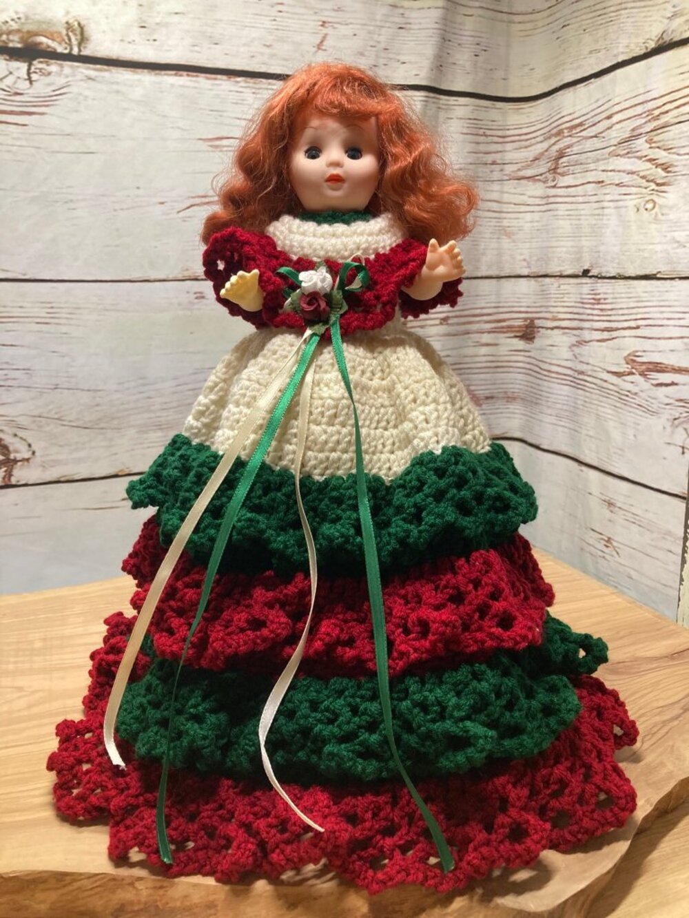 Vintage Handmade Crochet Christmas Doll Dress Red Green 16"